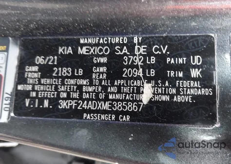 2021 Kia Forte Lxs из США, поврежденный, VIN 3KPF24ADXME385867